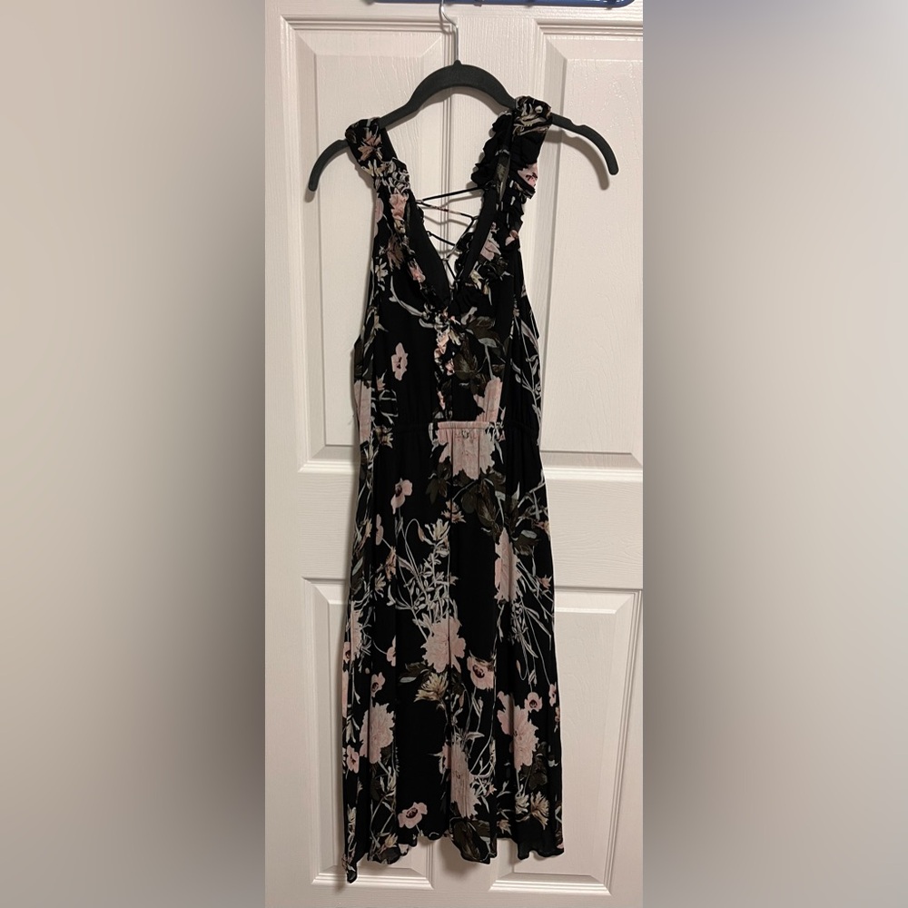 Lucky Brand Black Midi Dress with Blush Floral Print